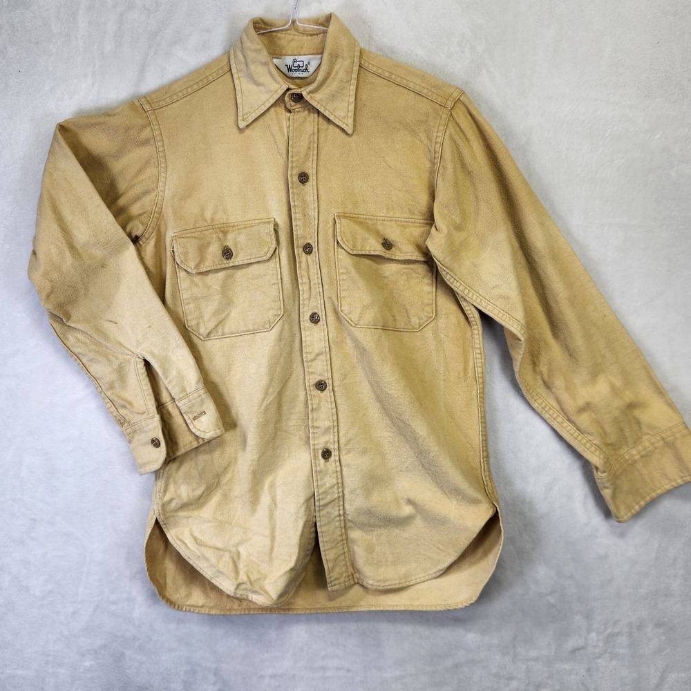 Vintage Woolrich Chamois Cloth Shirt Mens Small Tan Mustard Made in USA Cotton